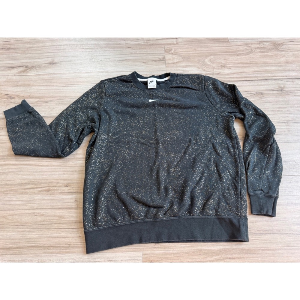 Nike Womens Black Gold Metallic Speckle Fleece Crewneck Sweatshirt Medium